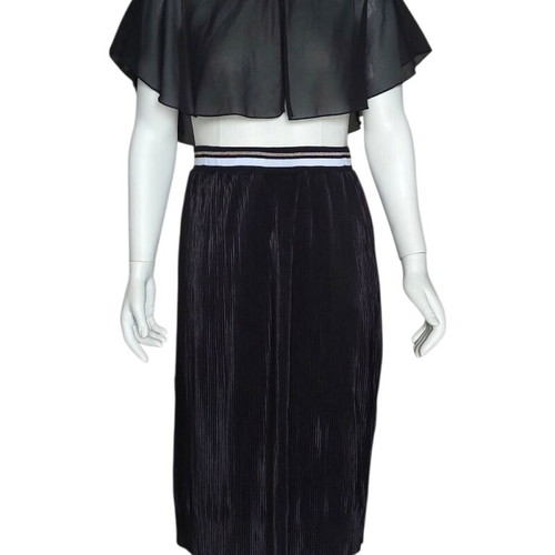 Black Pleated Midi Skirt with Striped Elastic Waist like new