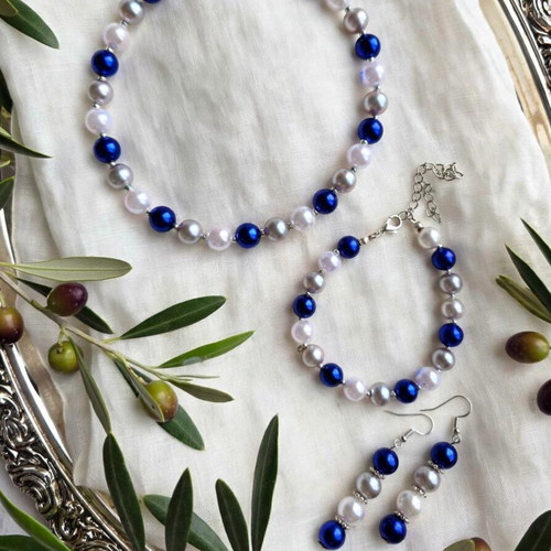 Handmade blue white beaded necklace, earrings and bracelet