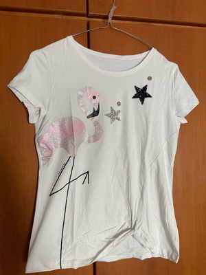 Short-sleeve t-shirt like new with flamingo design, white and pink, size S