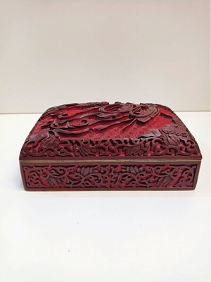 Cinnabar old Chinese lacquer box used with bronze enamel interior