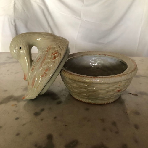 Tajimi Pottery set handmade bowl and lidded container with figurine