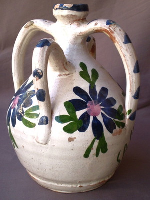 Vintage ceramic four-handled painted jug from Samos used