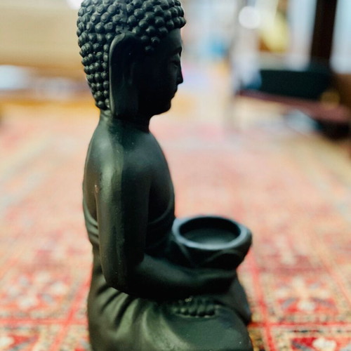 Buddha bust like new, gray-black, stone and resin candle holder