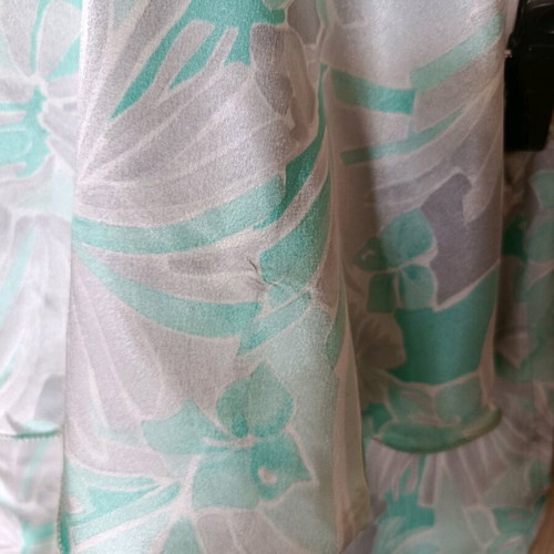 Daisy satin pajamas like new, gray turquoise with ruffles