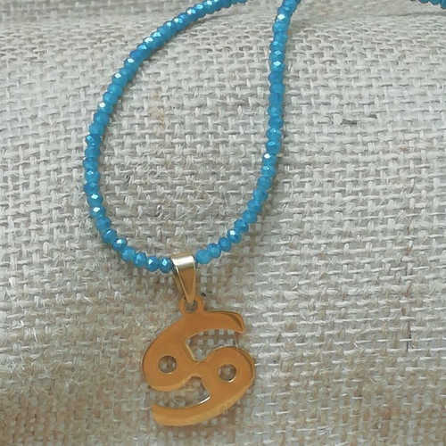 Cancer Zodiac Necklace gold plated with blue iridescent pendant