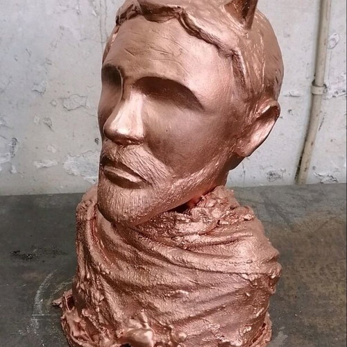 Handmade plaster sculpture with patina, figure with horns 25 cm