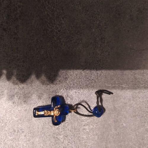 Cross used with gold crucifix, glass-like material, blue