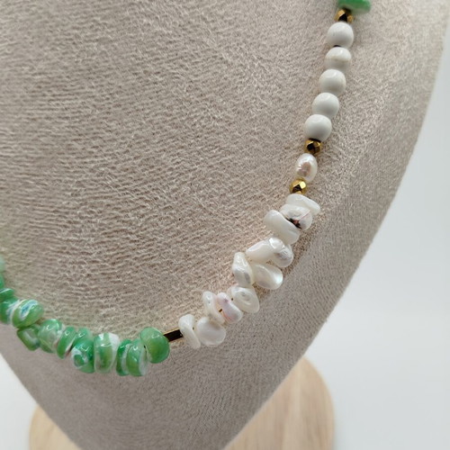 Handmade necklace with shell, howlite, pearl, hematite, and stainless steel new