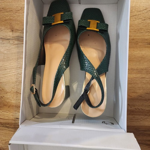 Square Toe Embossed Slingback Block Heel Pumps, Green, Size 40
