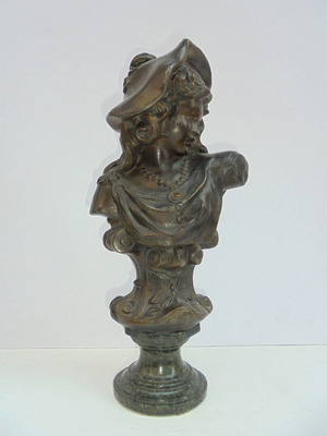 Metal Italian Girl Statue with Patina and Green Marble Base