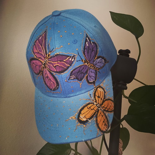 Jockey hat new hand-painted, beige and blue