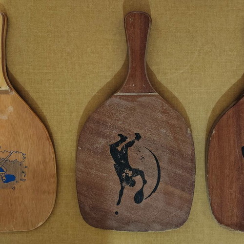 Beach items used, set of 6 including inflatable mattress and wooden rackets
