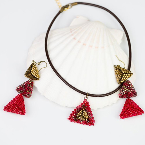 Necklace and earrings set custom made in red and gold