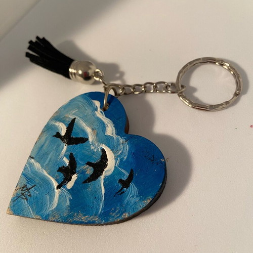 Hand-painted wooden heart keychain with leather tassel new