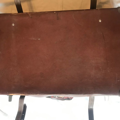 Antique leather suitcase used, handmade, early 20th century