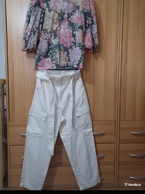 H&M set women's beige pants and colorful blouse Large like new