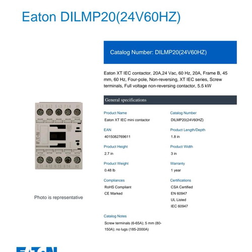 Eaton DILM contactor new, 220 V AC, 230 V DC, 3-pole, 4.5 kW, 1N/O