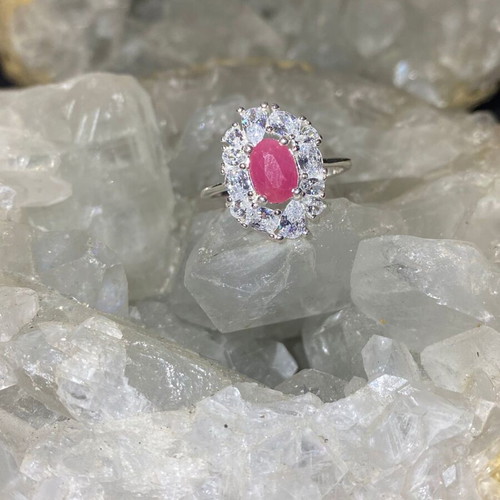 Silver ring with natural ruby and moissanite, new