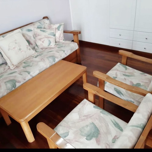 Living room set used with sofa bed, 2 armchairs and wooden coffee table
