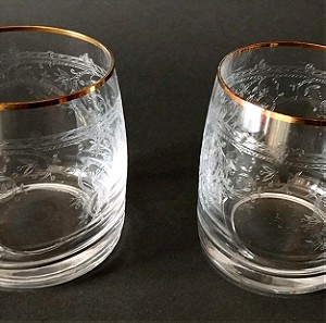 × 2 Vintage εγχάρακτα ποτήρια whiskey με Ανάγλυφα Σχέδια καί Χρυσό Επιστόμιο