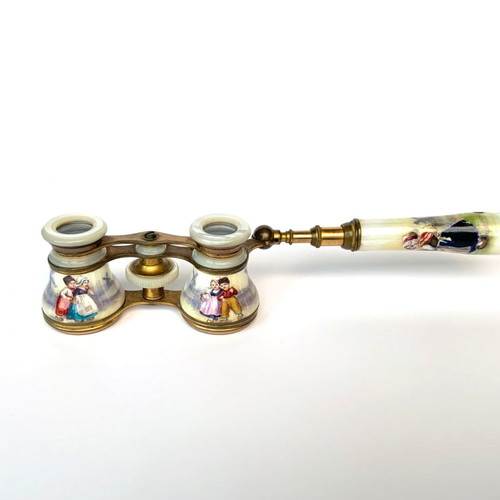 Porcelain brass mother of pearl opera glasses used antique French c.1850-1900
