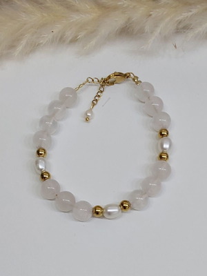 Bracelet with rose quartz semi-precious stones, pearls and steel new