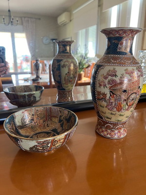 Vintage Satsuma Style Porcelain Vase and Bowl Set of 2 used with Gold