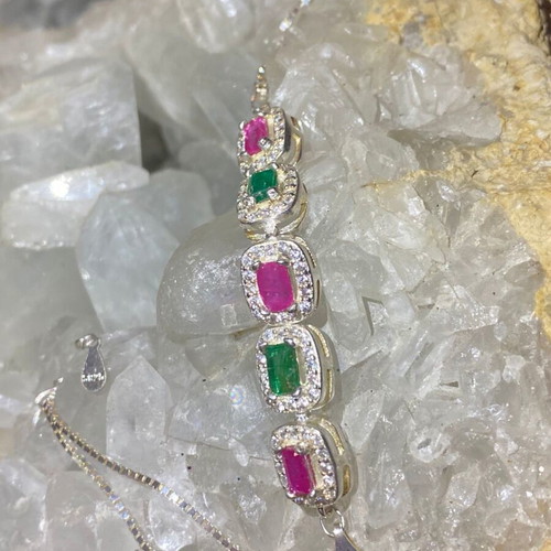 Handmade silver bracelet with natural emerald, ruby and moissanite, new