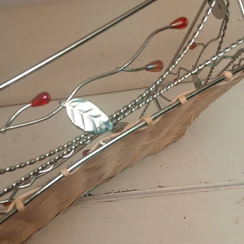 Metal basket with decoration of red beads and leaves like new