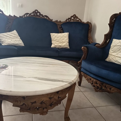 Handmade Victorian-style living room set, six pieces, blue velvet
