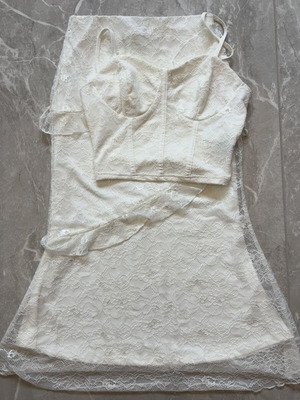 White lace two-piece set new, floral overlay, crop top