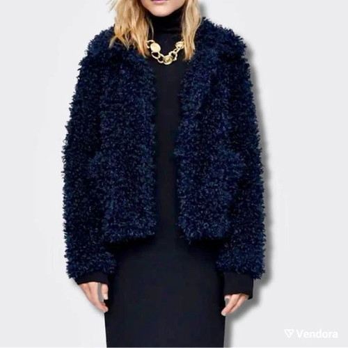 Zara navy blue fluffy buckle curly fur jacket used