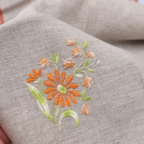 Table runner and six linen napkins set with decorative embroidery and orange trim new