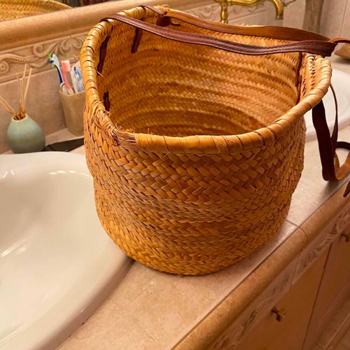 Straw bag large with leather handles used, beige