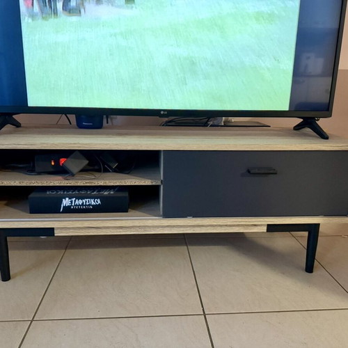 TV stand like new, natural wood with black cabinet and legs