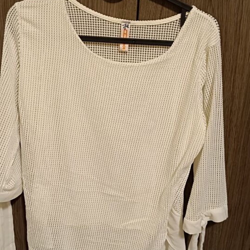 White t-shirt 3/4 sleeve with see through hem used, one size S/M