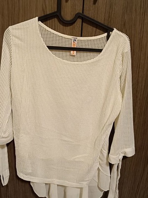 White t-shirt 3/4 sleeve with see through hem used, one size S/M