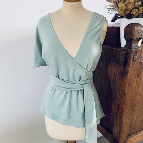 Ioanna Kourbela wrap blouse new, size S, aqua color with stain