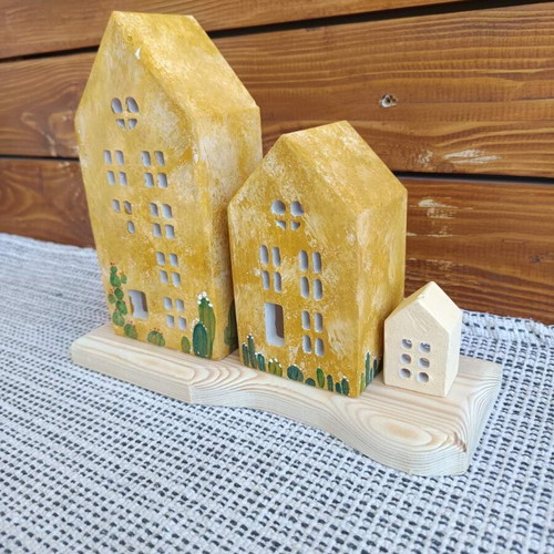 Handmade Cement Houses on Wood