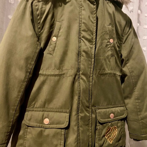 Orchestra girls' jacket new for 5-6 years, 116 cm, khaki with fur lining