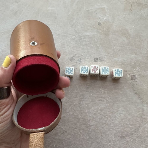 Vintage leather poker dice case with 5 dice retro travel set
