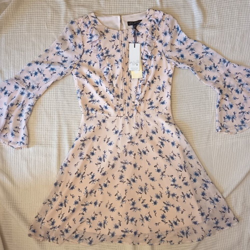 Lipsy London Mini Dress New Light Pink Blue Floral Ruffles Bell Sleeves
