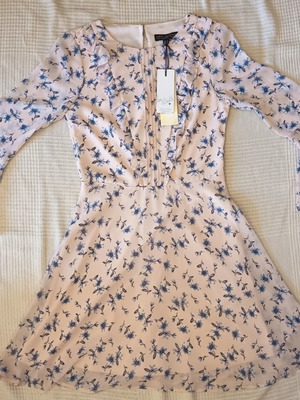 Lipsy London Mini Dress New Light Pink Blue Floral Ruffles Bell Sleeves