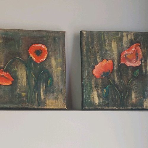 Set of 2 small poppy paintings new, canvas 20x20 cm
