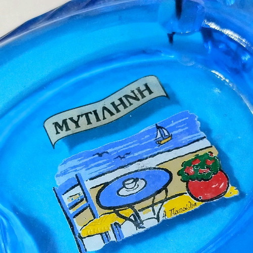 Blue glass fish-shaped ashtray like new from Mytilene