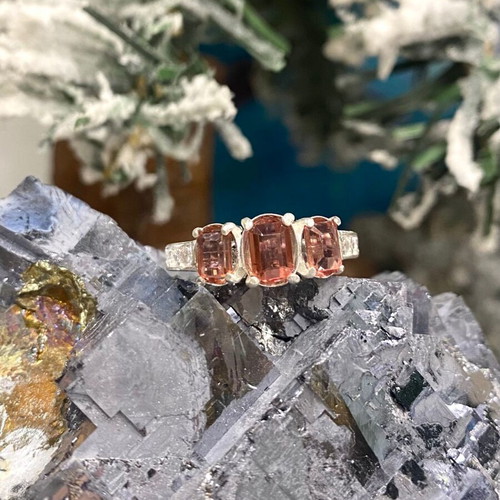 Handmade Silver Ring with Natural Pinkish Brown Tourmaline AA Quality and Moissanite