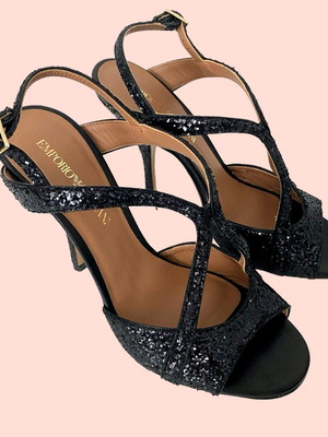 Emporio Armani black glitter slim heel sandals brand new