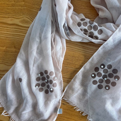 Large women's viscose scarf with pearls, beige and brown