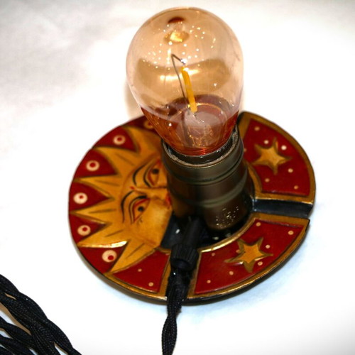 Sun Antique Lamp with Teak Wood Base and Warm Yellow Light