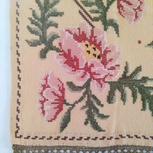 Cross Stitch Table Linens Set of 3 Used with Handmade Crochet Lace